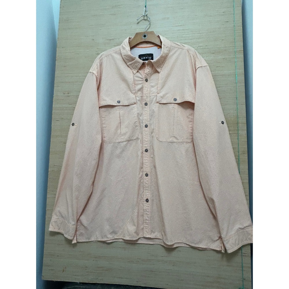 ORVIS Mens XL Long Sleeve Button Up Shirt Peach Gingham Outdoor Fishing